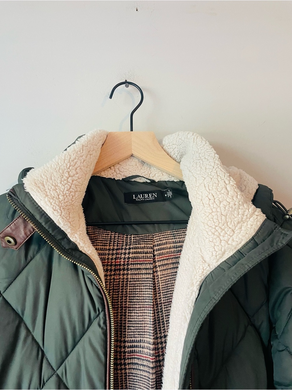 Lauren Ralph Lauren Olive Quilted Puffer Jacket with Cream Sherpa Hood - Picture 3 of 7